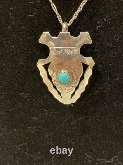 Vintage Navajo Sterling Silver Natural Turquoise Arrowhead Pendant Necklace 18