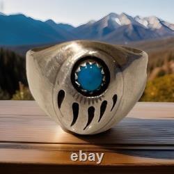 Vintage Navajo Sterling Silver Natural Turquoise Bear Paw Shadowbox Ring Sz 10.5