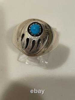 Vintage Navajo Sterling Silver Natural Turquoise Bear Paw Shadowbox Ring Sz 10.5