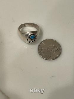Vintage Navajo Sterling Silver Natural Turquoise Bear Paw Shadowbox Ring Sz 10.5