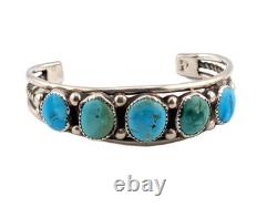 Vintage Navajo Sterling Silver Natural Turquoise Cuff Bracelet 5 Stone Size 6.5