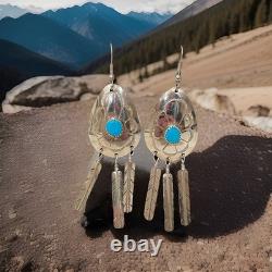 Vintage Navajo Sterling Silver Natural Turquoise Feather Dangle Earrings