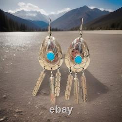 Vintage Navajo Sterling Silver Natural Turquoise Feather Dangle Earrings
