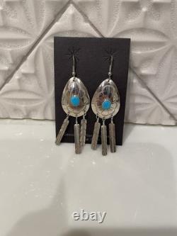 Vintage Navajo Sterling Silver Natural Turquoise Feather Dangle Earrings