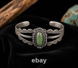 Vintage Navajo Sterling Silver RJH Cuff Bracelet Green Cabochon Stampwork 14g