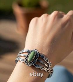 Vintage Navajo Sterling Silver RJH Cuff Bracelet Green Cabochon Stampwork 14g