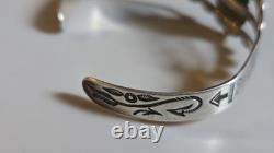 Vintage Navajo Sterling Silver RJH Cuff Bracelet Green Cabochon Stampwork 14g