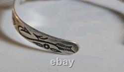 Vintage Navajo Sterling Silver RJH Cuff Bracelet Green Cabochon Stampwork 14g