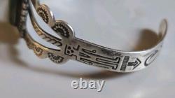 Vintage Navajo Sterling Silver RJH Cuff Bracelet Green Cabochon Stampwork 14g