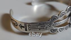 Vintage Navajo Sterling Silver RJH Cuff Bracelet Green Cabochon Stampwork 14g