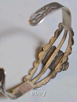 Vintage Navajo Sterling Silver RJH Cuff Bracelet Green Cabochon Stampwork 14g