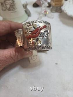 Vintage Navajo Sterling Silver Red Coral Artist Spencer Cuff Watch Bracelet, HMSS