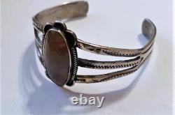 Vintage Navajo Sterling Silver Red Jasper Stamped Cuff Bracelet Adjustable