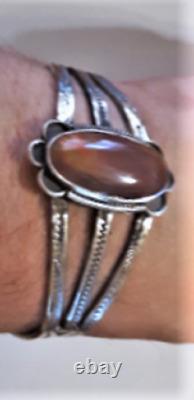 Vintage Navajo Sterling Silver Red Jasper Stamped Cuff Bracelet Adjustable