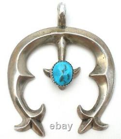 Vintage Navajo Sterling Silver Sand Cast Pendant With Blue Turquoise Jewelry 925