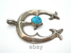 Vintage Navajo Sterling Silver Sand Cast Pendant With Blue Turquoise Jewelry 925