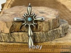 Vintage Navajo Sterling Silver Sandcast Turquoise Heavy Cross Pendant-2664.25