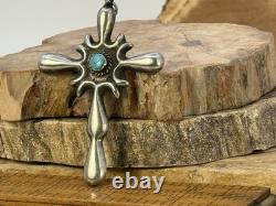 Vintage Navajo Sterling Silver Sandcast Turquoise Heavy Cross Pendant-2664.25
