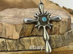 Vintage Navajo Sterling Silver Sandcast Turquoise Heavy Cross Pendant-2664.25
