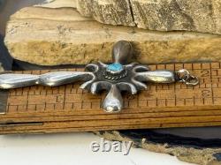 Vintage Navajo Sterling Silver Sandcast Turquoise Heavy Cross Pendant-2664.25
