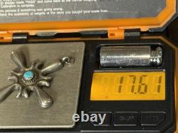 Vintage Navajo Sterling Silver Sandcast Turquoise Heavy Cross Pendant-2664.25