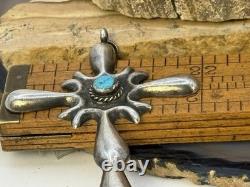Vintage Navajo Sterling Silver Sandcast Turquoise Heavy Cross Pendant-2664.25