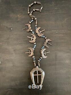 Vintage Navajo Sterling Silver Squash Blossom Hands Naja Crosses Necklace