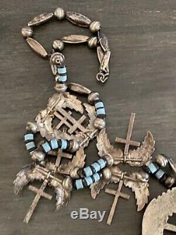 Vintage Navajo Sterling Silver Squash Blossom Hands Naja Crosses Necklace