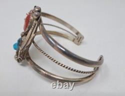 Vintage Navajo Sterling Silver Turquoise And Coral Cuff Bracelet Signed FP