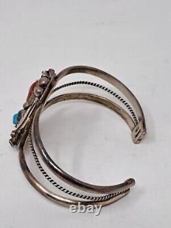 Vintage Navajo Sterling Silver Turquoise And Coral Cuff Bracelet Signed FP