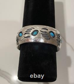 Vintage Navajo Sterling Silver Turquoise Bear Paw Cuff Bracelet 38g Signed