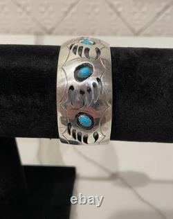 Vintage Navajo Sterling Silver Turquoise Bear Paw Cuff Bracelet 38g Signed