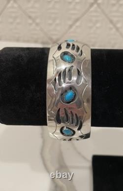 Vintage Navajo Sterling Silver Turquoise Bear Paw Cuff Bracelet 38g Signed