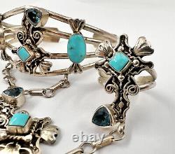Vintage Navajo Sterling Silver Turquoise & Blue Topaz Slave Bracelet & Ring