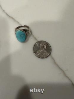 Vintage Navajo Sterling Silver Turquoise Cabochon Leaf Design Ring Size 8