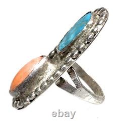 Vintage Navajo Sterling Silver, Turquoise, & Coral Split Shank Ring Sz. 7.75