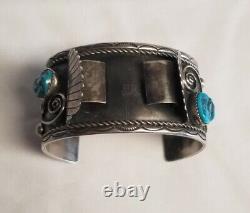 Vintage Navajo Sterling Silver Turquoise Coral Watch Cuff Band Bracelet RN KN