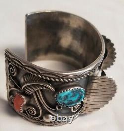 Vintage Navajo Sterling Silver Turquoise Coral Watch Cuff Band Bracelet RN KN