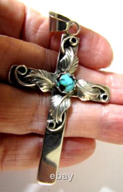 Vintage Navajo Sterling Silver Turquoise Cross Pendant Signed