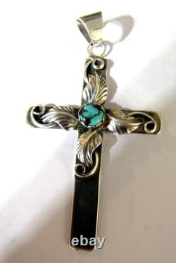 Vintage Navajo Sterling Silver Turquoise Cross Pendant Signed