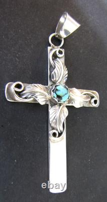 Vintage Navajo Sterling Silver Turquoise Cross Pendant Signed