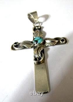 Vintage Navajo Sterling Silver Turquoise Cross Pendant Signed