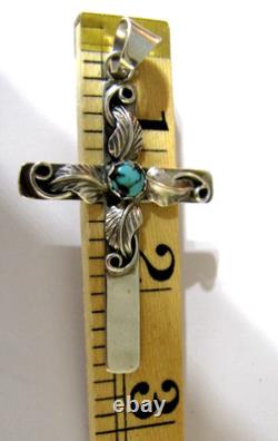 Vintage Navajo Sterling Silver Turquoise Cross Pendant Signed