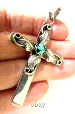 Vintage Navajo Sterling Silver Turquoise Cross Pendant Signed