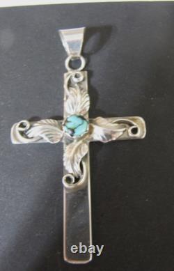 Vintage Navajo Sterling Silver Turquoise Cross Pendant Signed