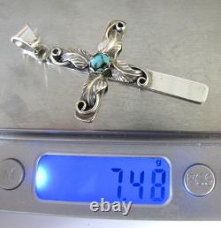 Vintage Navajo Sterling Silver Turquoise Cross Pendant Signed