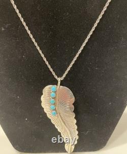Vintage Navajo Sterling Silver & Turquoise Feather Pin/Pendant Necklace 18