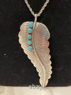Vintage Navajo Sterling Silver & Turquoise Feather Pin/Pendant Necklace 18