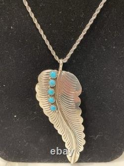Vintage Navajo Sterling Silver & Turquoise Feather Pin/Pendant Necklace 18