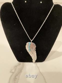 Vintage Navajo Sterling Silver & Turquoise Feather Pin/Pendant Necklace 18